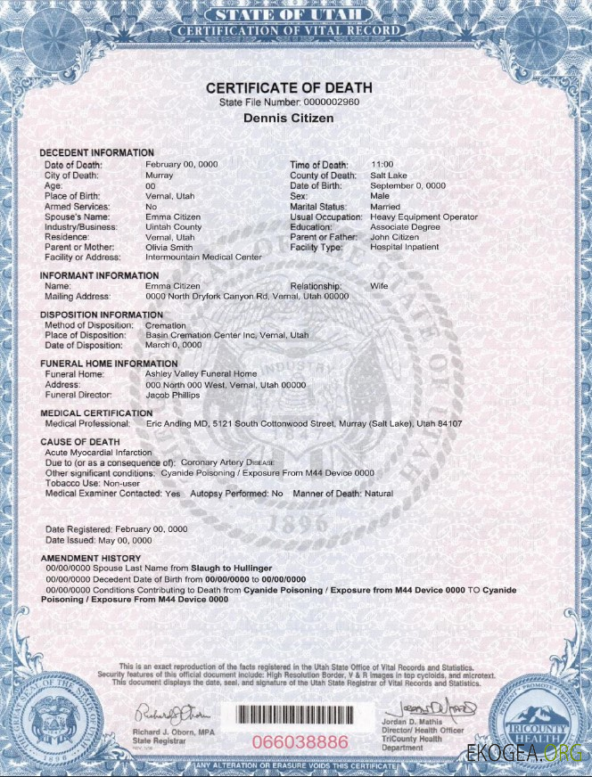 Modèle de certificat de décès de l'État américain de l'Utah au format PSD